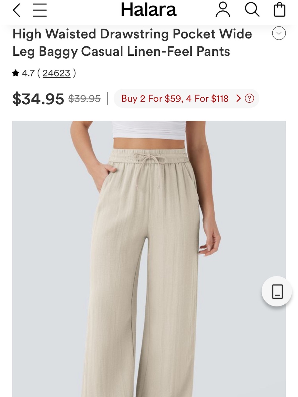 High Waisted Drawstring Pocket Wide Leg Baggy Casual Linen-Feel Pants